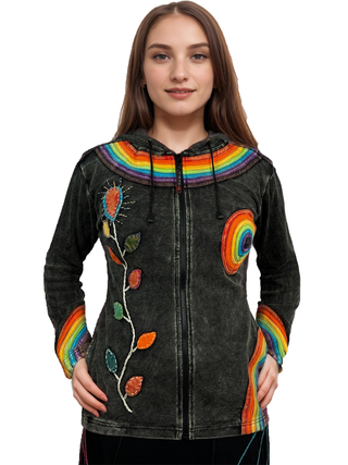 RJ 70 Bohemian Knit Rainbow Distressed Denim Hoodie Jacket