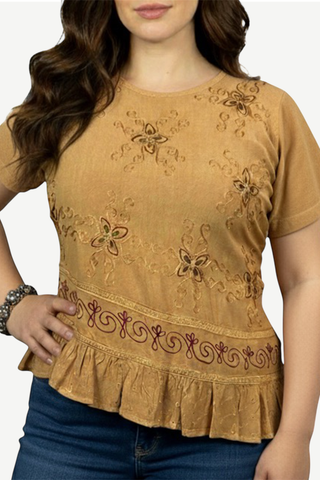 118 B Medieval Renaissance Gypsy Ruffle Cross Short Sleeve Blouse