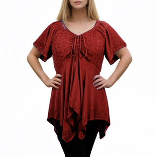 18605 B Bohemian Asymmetrical Hem Front Rope Tie Short Cap Sleeve Top Blouse