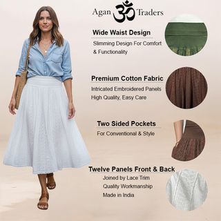 142 SKT Cotton Embroidery  High Waisted Long Panel Boho Tea Length Skirt