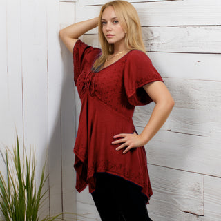 18605 B Bohemian Asymmetrical Hem Front Rope Tie Short Cap Sleeve Top Blouse