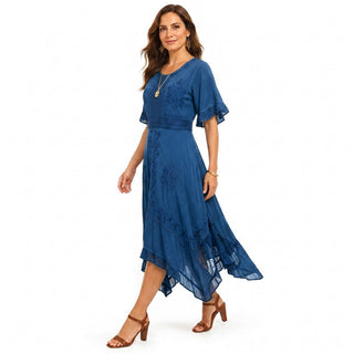 18 6014 DR Bohemian Asymmetrical Hem Ruffle Embroidered Casual Chic Dress