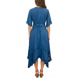 18 6014 DR Bohemian Asymmetrical Hem Ruffle Embroidered Casual Chic Dress