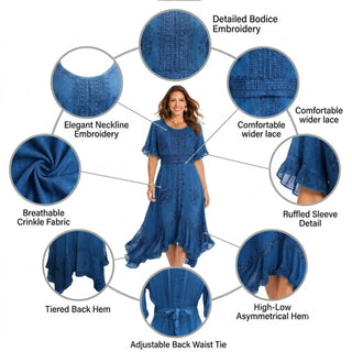 18 6014 DR Bohemian Asymmetrical Hem Ruffle Embroidered Casual Chic Dress