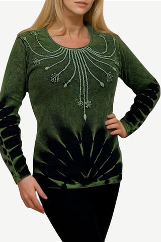 R 234 Gypsy Boho Rib Knit Distressed Stonewashed Floral Embroidery Blouse - Agan Traders; Green