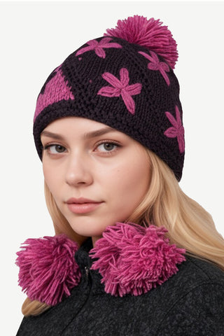 Two Tone Knit Crochet Beanie Pom Pom Hat ~ One Size