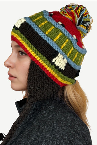 Wool Knit Multi-colored Beanie Fleece Lined Pom Earflap Hat From Himalaya ~ 1409H