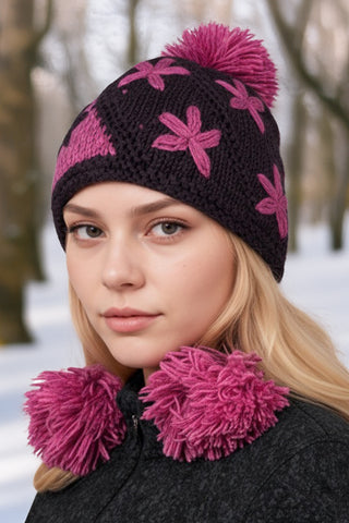 Two Tone Knit Crochet Beanie Pom Pom Hat ~ One Size