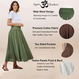 142 SKT Cotton Embroidery  High Waisted Long Panel Boho Tea Length Skirt