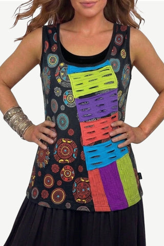 122 RB Bohemian Knit Stonewashed  Razor Cut Sleeveless Embroidered Printed Tank Top