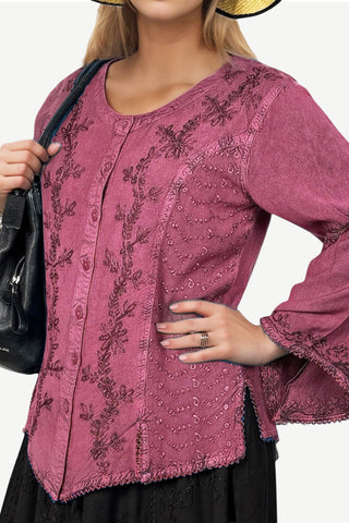 102 B Women's Long Sleeve Button Down Embroidered Gothic Blouse Top