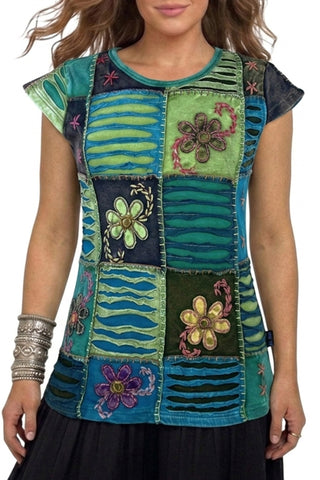 121 RB Knit Cotton Boho Razor Cut Embroidered Cap Sleeve Tank Top Blouses