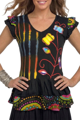 127 RB Medieval Soft Knit Sleeveless Tie Dye Ruffle Patched Tank Top Blouse