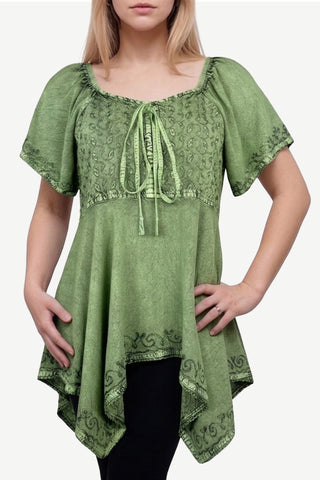 18605 B Bohemian Asymmetrical Hem Front Rope Tie Short Cap Sleeve Top Blouse