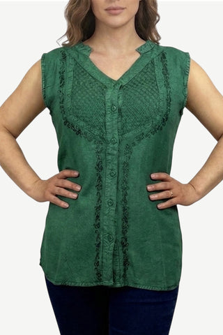 Women's Sleeveless Embroidered Bohemian Medieval Chic Summer Blouse Top ~ 9009 B