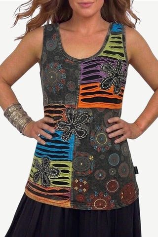 124 N RB Knit Stonewashed Sleeveless Embroidered Printed Blouse