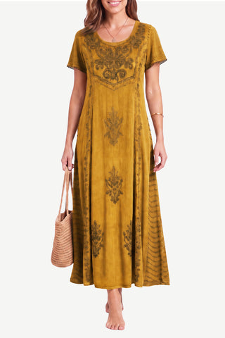 1024 DR Gothic Vintage Short Sleeve Embroidered Casual Chic Flare Dress Gown