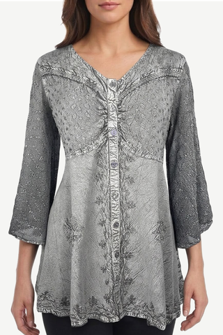 18 607 B Medieval Gothic Embroidered Button Down Sheer Lace Sleeve Top Blouse