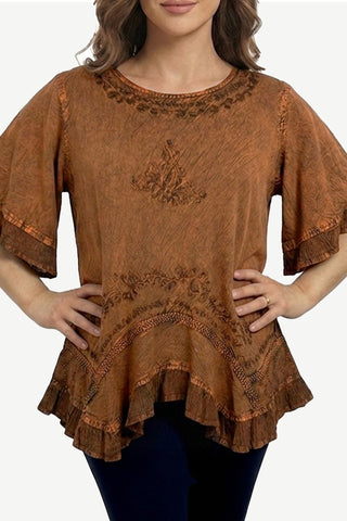 18 6027 B Bohemian Medieval Embroidered Round Neck Ruffle Hem Short Sleeve Blouse Top