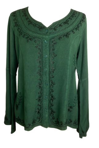 Gypsy Medieval Embroidered Gothic Peasant Top Bell Blouse - Agan Traders, Green
