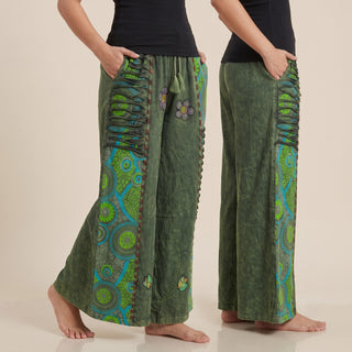 Women's Boho Palazzo Pants Wide Leg Embroidered Lace Up Drawstring Gypsy Trousers