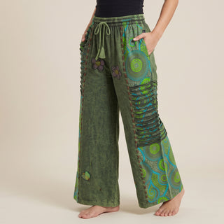 Women's Boho Palazzo Pants Wide Leg Embroidered Lace Up Drawstring Gypsy Trousers