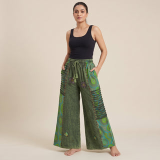 Women's Boho Palazzo Pants Wide Leg Embroidered Lace Up Drawstring Gypsy Trousers