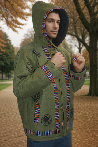 402 JKT Cotton Printed Fleece Lined Auspicious Symbols Tibetan Hoodie Jacket - Agan Traders, Green