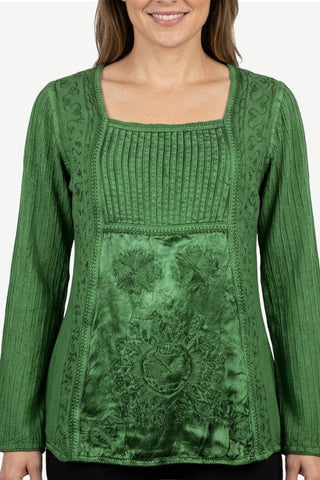 04 B Boho Fashion Pleated Embroidered Square Neck Blouse Top