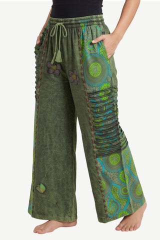 Women's Boho Palazzo Pants Wide Leg Embroidered Lace Up Drawstring Gypsy Trousers