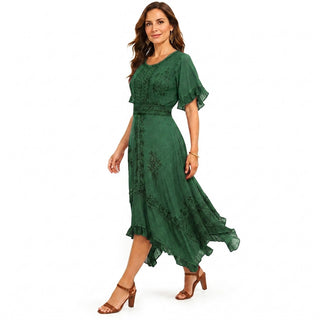 18 6014 DR Bohemian Asymmetrical Hem Ruffle Embroidered Casual Chic Dress