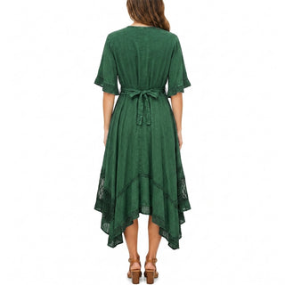 18 6014 DR Bohemian Asymmetrical Hem Ruffle Embroidered Casual Chic Dress