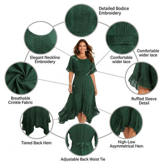 18 6014 DR Bohemian Asymmetrical Hem Ruffle Embroidered Casual Chic Dress