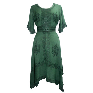 18 6014 DR Bohemian Asymmetrical Hem Ruffle Embroidered Casual Chic Dress
