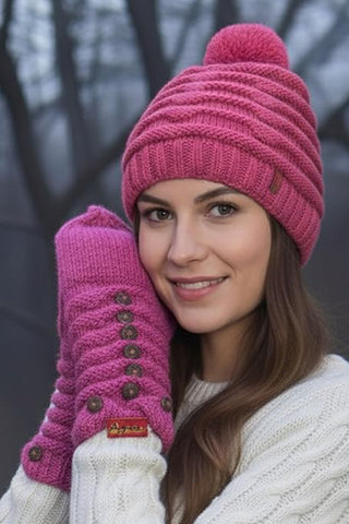 1414 Trendy Ribbed Wool Knit Warm Oversized Chunky Soft Fleece Lined Slouchy Beanie Mitten Hat