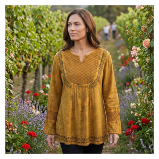 9001 B Women's Bohemian Vintage Embroidered Pleated Mesh Embroidered Blouse