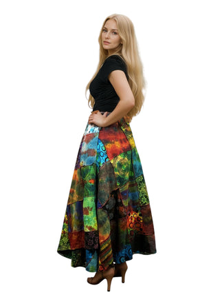 407 SKT BohoDrift Vibrant Tie Dye Overlocked Rainbow Patched Wrap Skirt