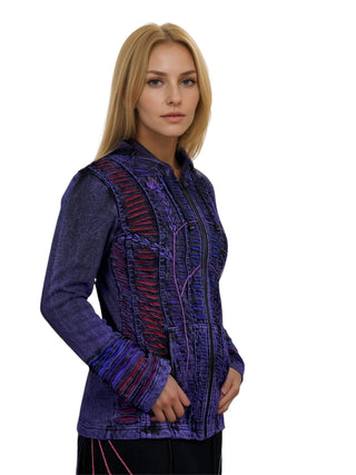 51 RJ Purple Distressed Bohemian Razor  Embroidered Hoodie Sweatshirt Rib Jacket - Agan Traders, Purple