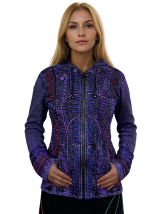 51 RJ Purple Distressed Bohemian Razor  Embroidered Hoodie Sweatshirt Rib Jacket - Agan Traders, Purple