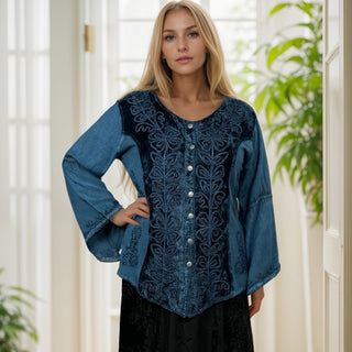 Renaissance Vintage Rayon Velvet Renaissance Top Blouse - Agan Traders, Blue