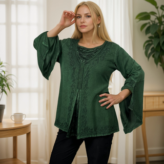 Renaissance Gypsy Bell Sleeve Blouse Top - Agan Traders, H Green