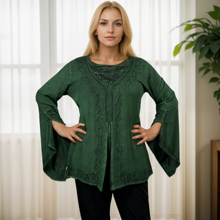 Renaissance Gypsy Bell Sleeve Blouse Top - Agan Traders, H Green