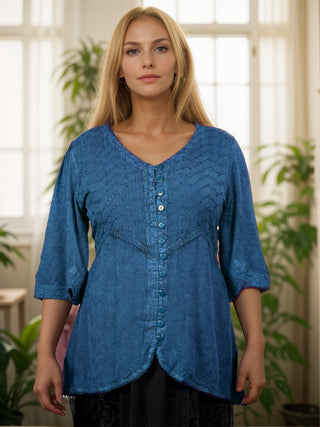 Bohemian Ari Embroidered Button Down Tunic Blouse ~ 604 B  - Agan Traders, Blue