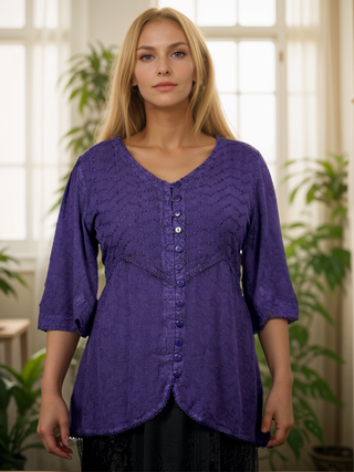 Bohemian Ari Embroidered Button Down Tunic Blouse ~ 604 B  - Agan Traders, Purple