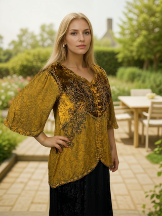 Women's Bohemian Exotic Ari Embroidered Button Down Short Sleeve Tunic Blouse - Agan Traders, Old Gold