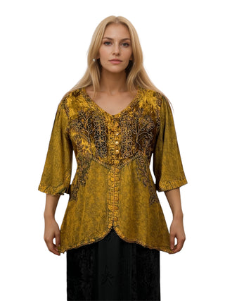 Women's Bohemian Exotic Ari Embroidered Button Down Short Sleeve Tunic Blouse - Agan Traders, Old Gold