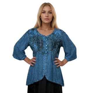 Women's Bohemian Exotic Ari Embroidered Button Down Short Sleeve Tunic Blouse - Agan Traders, Blue