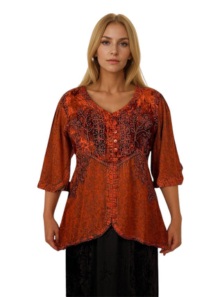 Women's Bohemian Exotic Ari Embroidered Button Down Short Sleeve Tunic Blouse - Agan Traders, B Red