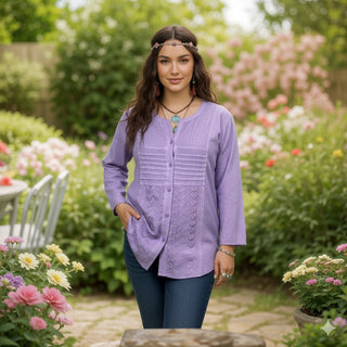 9004 B Women's Bohemian Vintage Sweet Heart Button Down Embroidered Pleated Blouse