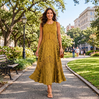 1151 DR Women’s Boho Summer Sleeveless Embroidered Button Down Sun Dress Gown